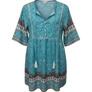 Boho Floral Print Mini Dress Turquoise White Tassel Tie Neck Babydoll L